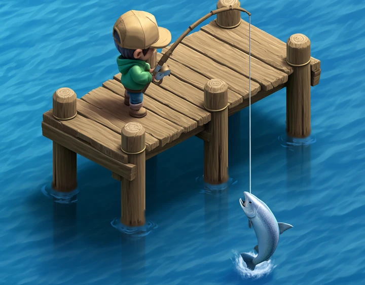 A fisher on a wooden dock reeling in a leaping salmon
