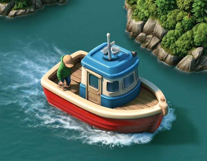 A fishing boat cruising between forested islands
